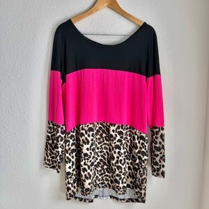 NWT Hot Pink, Black, Leopard Print Lace Detail Long Sleeve Top Sz S, L, XL, 2XL